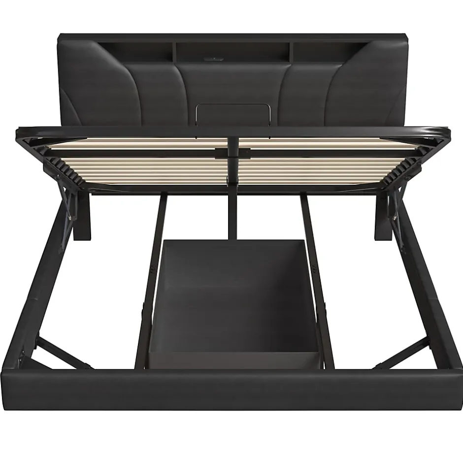 Simple Life Lit double rembourré 140x200 cm, USB, LED, cadre avec tête de lit, rangement, coffre, polyuréthane gris. New