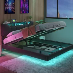 Simple Life Lit double rembourré 140x200 cm, USB, LED, cadre avec tête de lit, rangement, coffre, polyuréthane gris. New