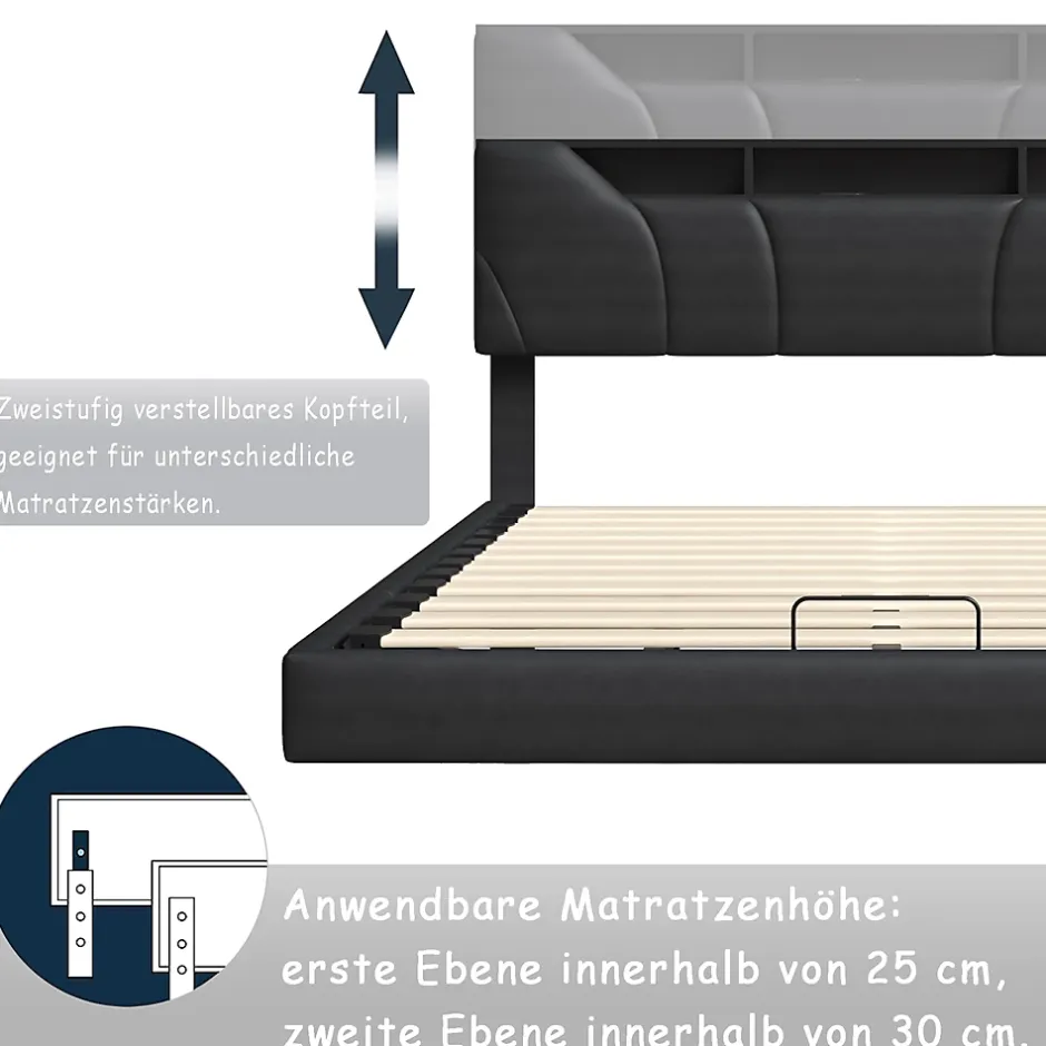 Simple Life Lit double rembourré 140x200 cm, USB, LED, cadre avec tête de lit, rangement, coffre, polyuréthane gris. New
