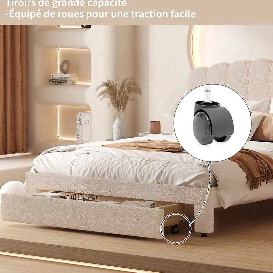 Simple Life Lit double rembourré 160x200cm avec USB et grand tiroirs - tissu en sherpa - Beige Outlet