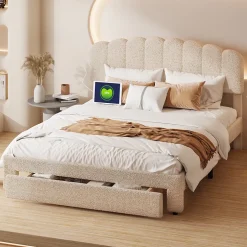 Simple Life Lit double rembourré 160x200cm avec USB et grand tiroirs - tissu en sherpa - Beige Outlet
