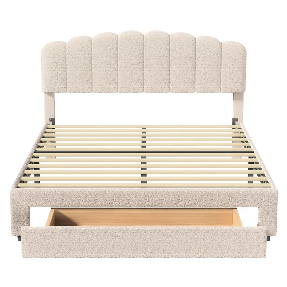 Simple Life Lit double rembourré 160x200cm avec USB et grand tiroirs - tissu en sherpa - Beige Outlet