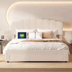 Simple Life Lit double rembourré 160x200cm avec USB et grand tiroirs - tissu en sherpa - Beige Outlet