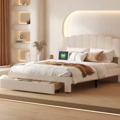 Simple Life Lit double rembourré 140x200cm avec USB et grand tiroirs - tissu en sherpa - Beige Discount