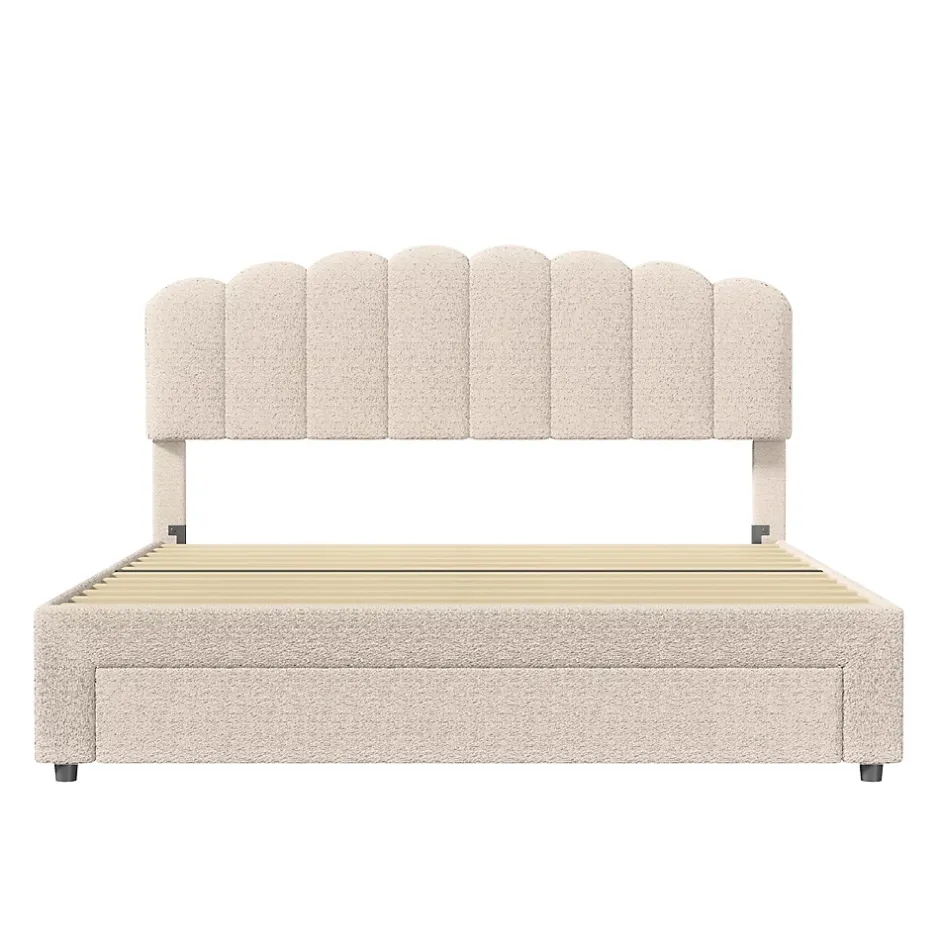 Simple Life Lit double rembourré 140x200cm avec USB et grand tiroirs - tissu en sherpa - Beige Discount