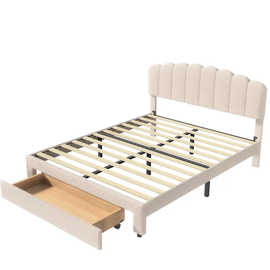 Simple Life Lit double rembourré 140x200cm avec USB et grand tiroirs - tissu en sherpa - Beige Discount