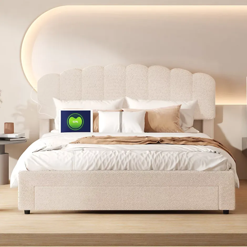 Simple Life Lit double rembourré 140x200cm avec USB et grand tiroirs - tissu en sherpa - Beige Discount