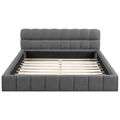 Gutent Lit double rembourré 140x190cm, avec dossier souple, lit plat avec encadrement rembourré et sommier à lattes, lin, gris