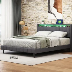 Simple Life Lit Double Rembourré 140x200cm, Cadre de lit avec LED et Prise USB, sommier à Lattes, Gris