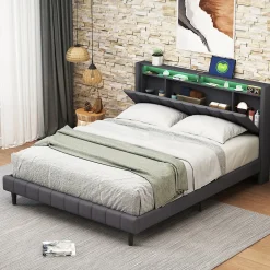 Simple Life Lit Double Rembourré 140x200cm, Cadre de lit avec LED et Prise USB, sommier à Lattes, Gris