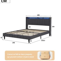 Simple Life Lit Double Rembourré 140x200cm, Cadre de lit avec LED et Prise USB, sommier à Lattes, Gris