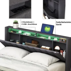Simple Life Lit Double Rembourré 140x200cm, Cadre de lit avec LED et Prise USB, sommier à Lattes, Gris