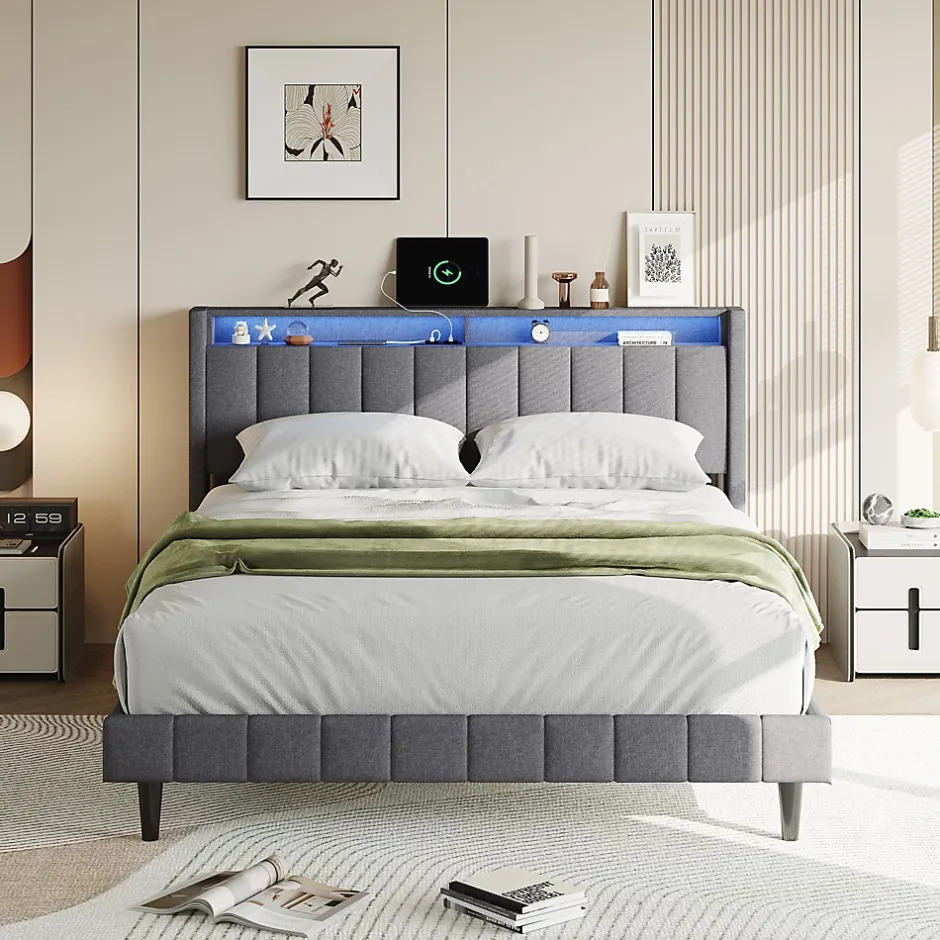 Simple Life Lit Double Rembourré 160x200cm, Cadre de lit avec LED et Prise USB, sommier à Lattes, Gris Discount