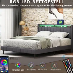 Simple Life Lit Double Rembourré 160x200cm, Cadre de lit avec LED et Prise USB, sommier à Lattes, Gris Discount