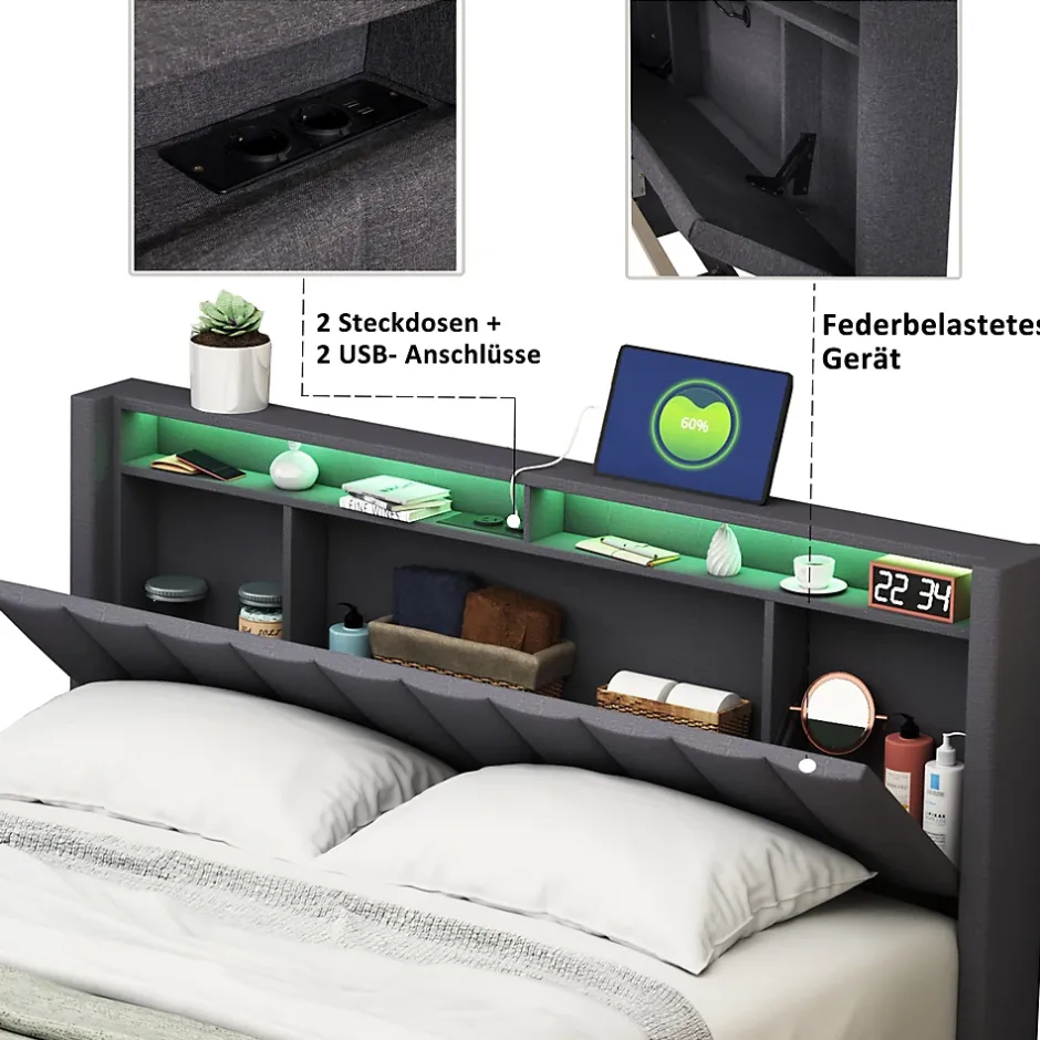Simple Life Lit Double Rembourré 160x200cm, Cadre de lit avec LED et Prise USB, sommier à Lattes, Gris Discount