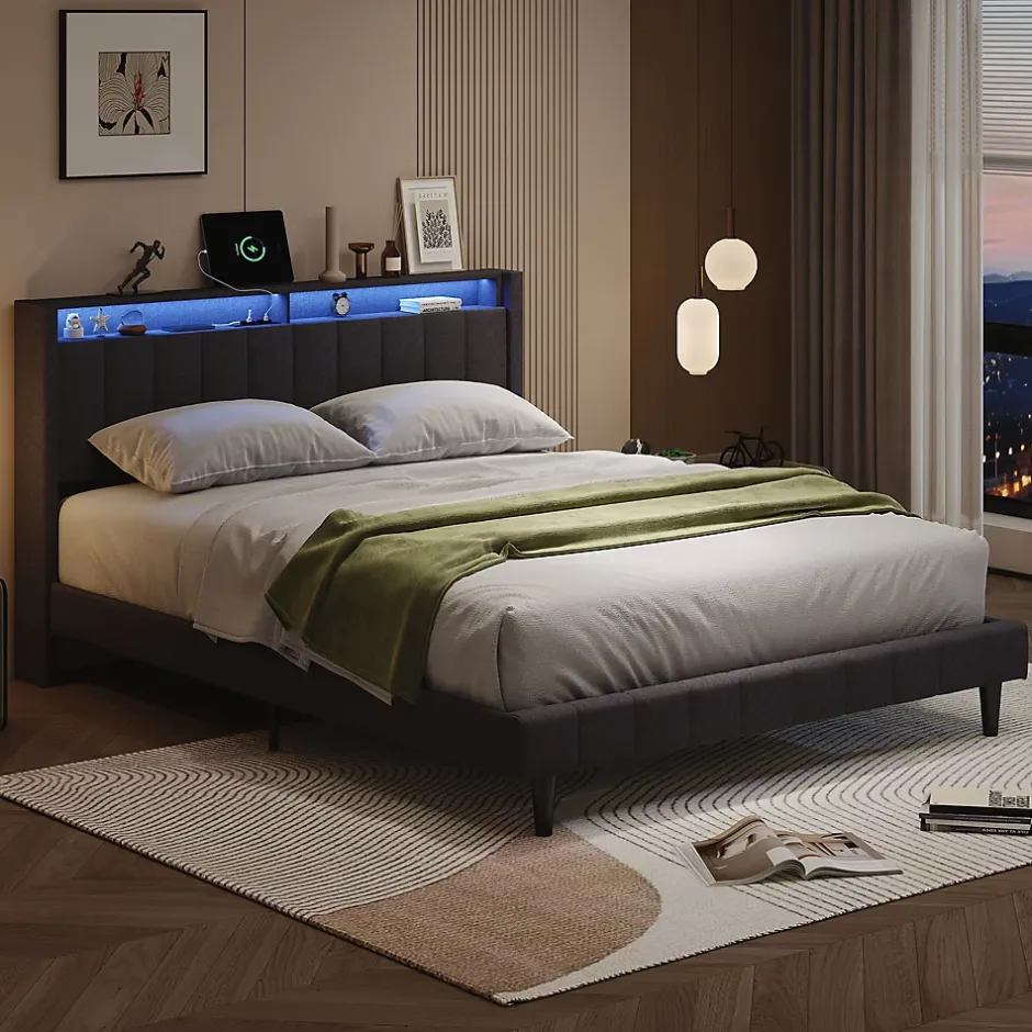 Simple Life Lit Double Rembourré 160x200cm, Cadre de lit avec LED et Prise USB, sommier à Lattes, Gris Discount
