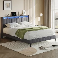 Simple Life Lit Double Rembourré 160x200cm, Cadre de lit avec LED et Prise USB, sommier à Lattes, Gris Discount