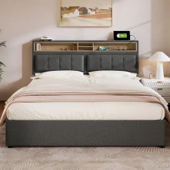 Gutent Lit double rembourré 160x200cm, lit de rangement, avec prise usb c fonction de chargement tête de lit,sommier à lattes, lin, gris
