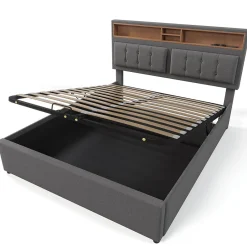 Gutent Lit double rembourré 160x200cm, lit de rangement, avec prise usb c fonction de chargement tête de lit,sommier à lattes, lin, gris