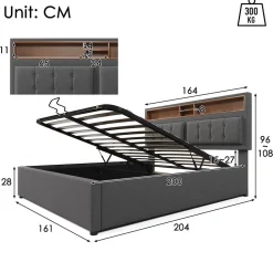 Gutent Lit double rembourré 160x200cm, lit de rangement, avec prise usb c fonction de chargement tête de lit,sommier à lattes, lin, gris