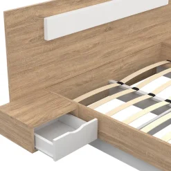 IDMarket Lit double SANTA avec tête de lit + tables de chevet intégrées et sommier 140 x 190 cm bois et blanc