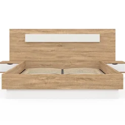 IDMarket Lit double SANTA avec tête de lit + tables de chevet intégrées et sommier 140 x 190 cm bois et blanc