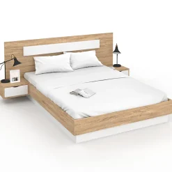 IDMarket Lit double SANTA avec tête de lit + tables de chevet intégrées et sommier 140 x 190 cm bois et blanc