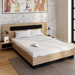 IDMarket Lit double SANTA avec tête de lit + tables de chevet intégrées et sommier 140 x 190 cm bois et noir Outlet