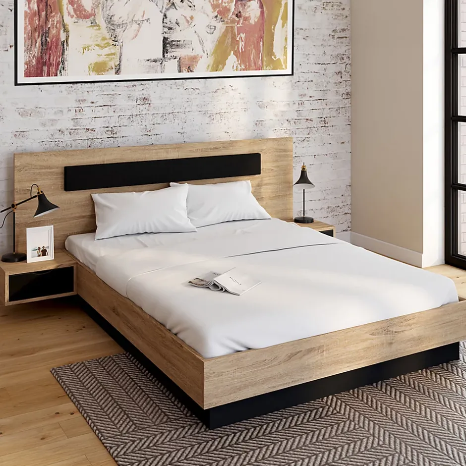 IDMarket Lit double SANTA avec tête de lit + tables de chevet intégrées et sommier 140 x 190 cm bois et noir Outlet