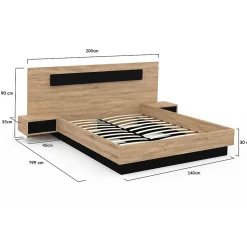 IDMarket Lit double SANTA avec tête de lit + tables de chevet intégrées et sommier 140 x 190 cm bois et noir Outlet