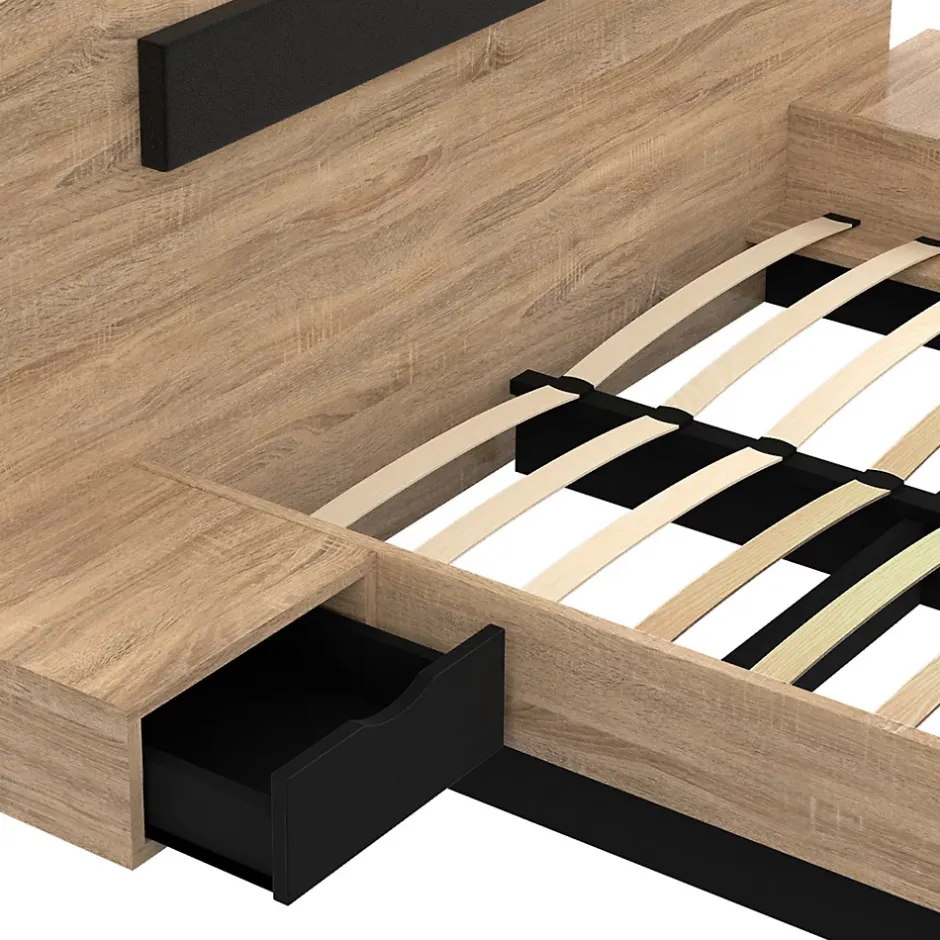IDMarket Lit double SANTA avec tête de lit + tables de chevet intégrées et sommier 140 x 190 cm bois et noir Outlet