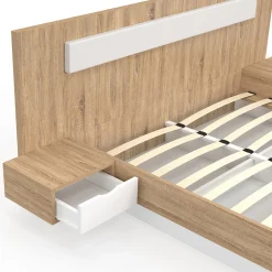 IDMarket Lit double SANTA avec tête de lit + tables de chevet intégrées et sommier 160 x 200 cm bois et blanc