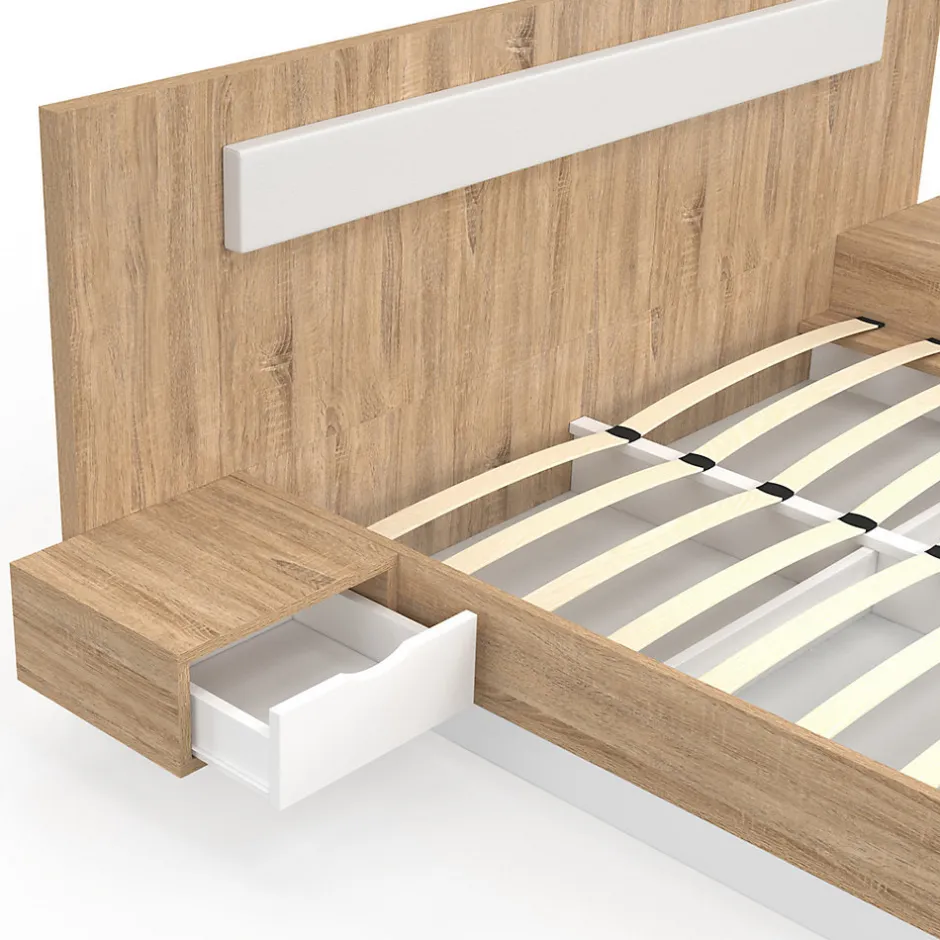 IDMarket Lit double SANTA avec tête de lit + tables de chevet intégrées et sommier 160 x 200 cm bois et blanc