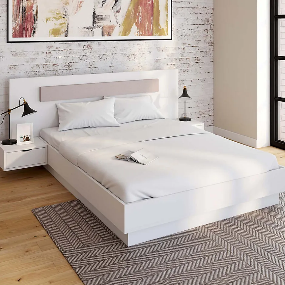 IDMarket Lit double SANTA avec tête de lit + tables de chevet intégrées et sommier 140 x 190 cm blanc