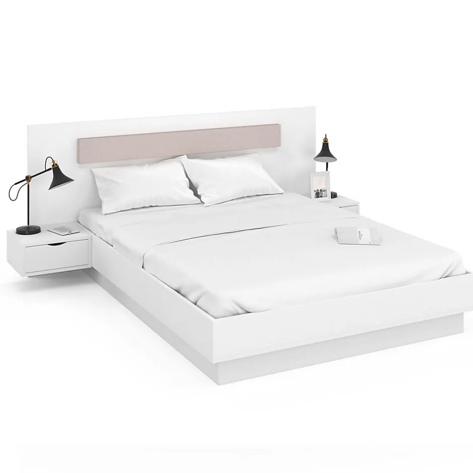 IDMarket Lit double SANTA avec tête de lit + tables de chevet intégrées et sommier 140 x 190 cm blanc