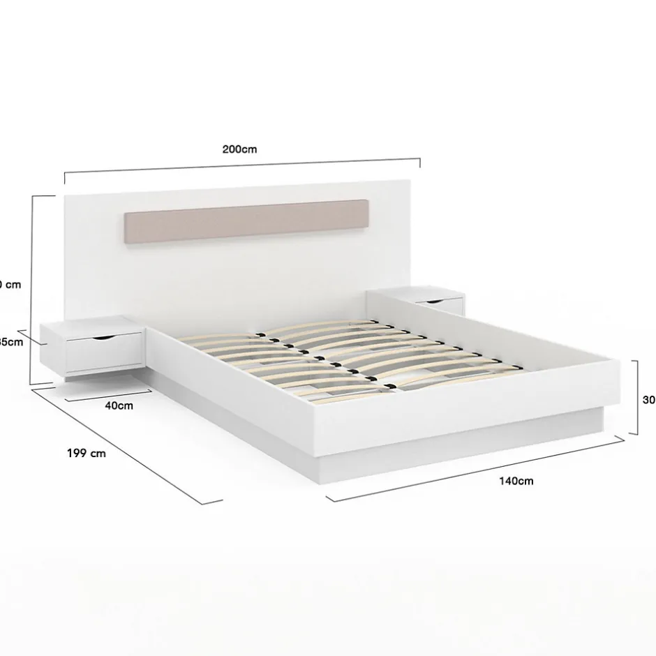IDMarket Lit double SANTA avec tête de lit + tables de chevet intégrées et sommier 140 x 190 cm blanc