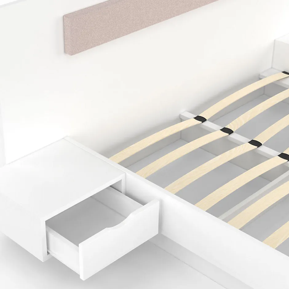 IDMarket Lit double SANTA avec tête de lit + tables de chevet intégrées et sommier 140 x 190 cm blanc