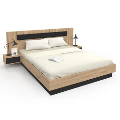 IDMarket Lit double SANTA avec tête de lit + tables de chevet intégrées et sommier 160 x 200 cm bois et noir