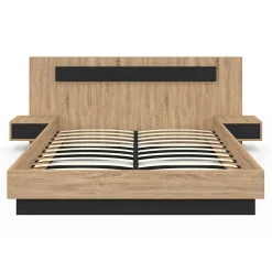 IDMarket Lit double SANTA avec tête de lit + tables de chevet intégrées et sommier 160 x 200 cm bois et noir