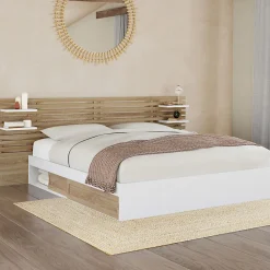 IDMarket Lit double SAVANA avec tête de lit, chevets, rangements et sommier 160 x 200 cm façon hêtre et blanc