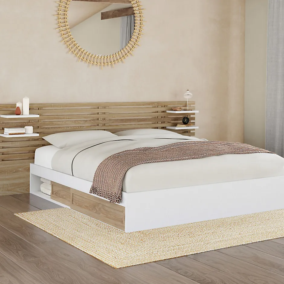 IDMarket Lit double SAVANA avec tête de lit, chevets, rangements et sommier 160 x 200 cm façon hêtre et blanc