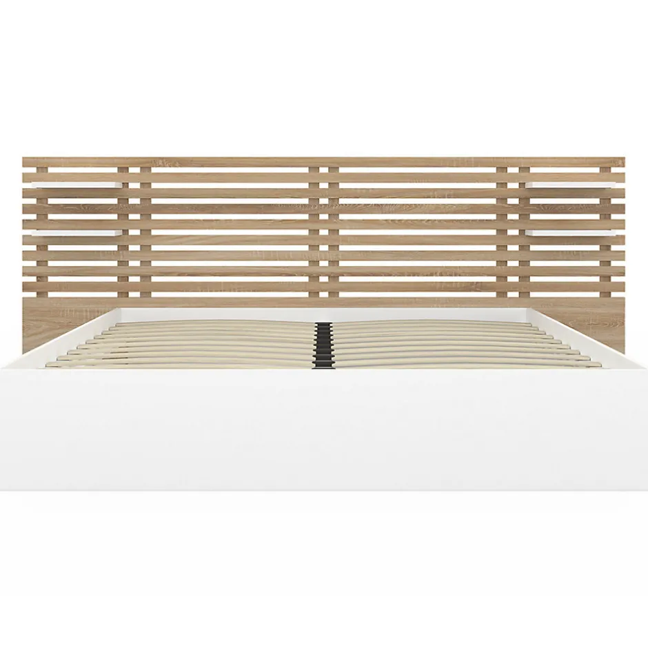 IDMarket Lit double SAVANA avec tête de lit, chevets, rangements et sommier 160 x 200 cm façon hêtre et blanc