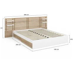 IDMarket Lit double SAVANA avec tête de lit, chevets, rangements et sommier 160 x 200 cm façon hêtre et blanc