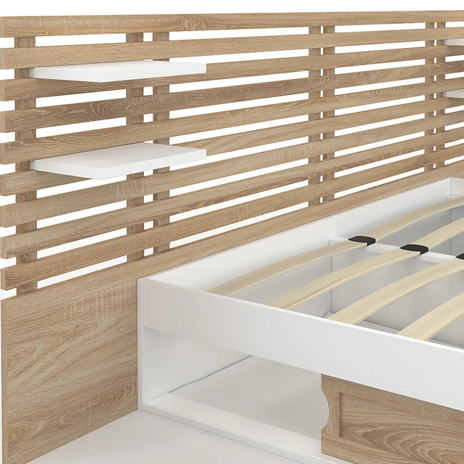 IDMarket Lit double SAVANA avec tête de lit, chevets, rangements et sommier 160 x 200 cm façon hêtre et blanc