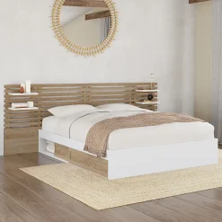 IDMarket Lit double SAVANA avec tête de lit, chevets, rangements et sommier 140 x 190 cm hêtre et blanc New