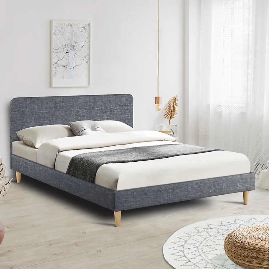 IDMarket Lit double scandinave BALTA avec tête de lit et sommier 140 x 190 cm tissu gris anthracite