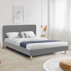 IDMarket Lit double scandinave BALTA avec tête de lit et sommier 160 x 200 cm tissu gris clair Sale