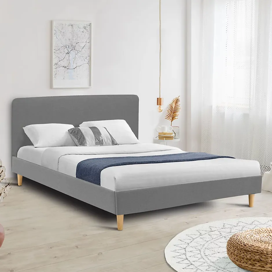 IDMarket Lit double scandinave BALTA avec tête de lit et sommier 160 x 200 cm tissu gris clair Sale