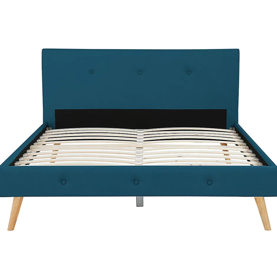 IDMarket Lit double scandinave OSLO avec tête de lit et sommier 160 x 200 cm tissu bleu canard