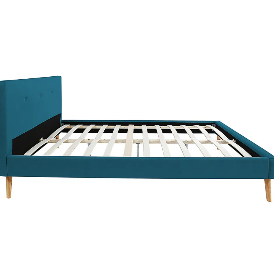 IDMarket Lit double scandinave OSLO avec tête de lit et sommier 160 x 200 cm tissu bleu canard